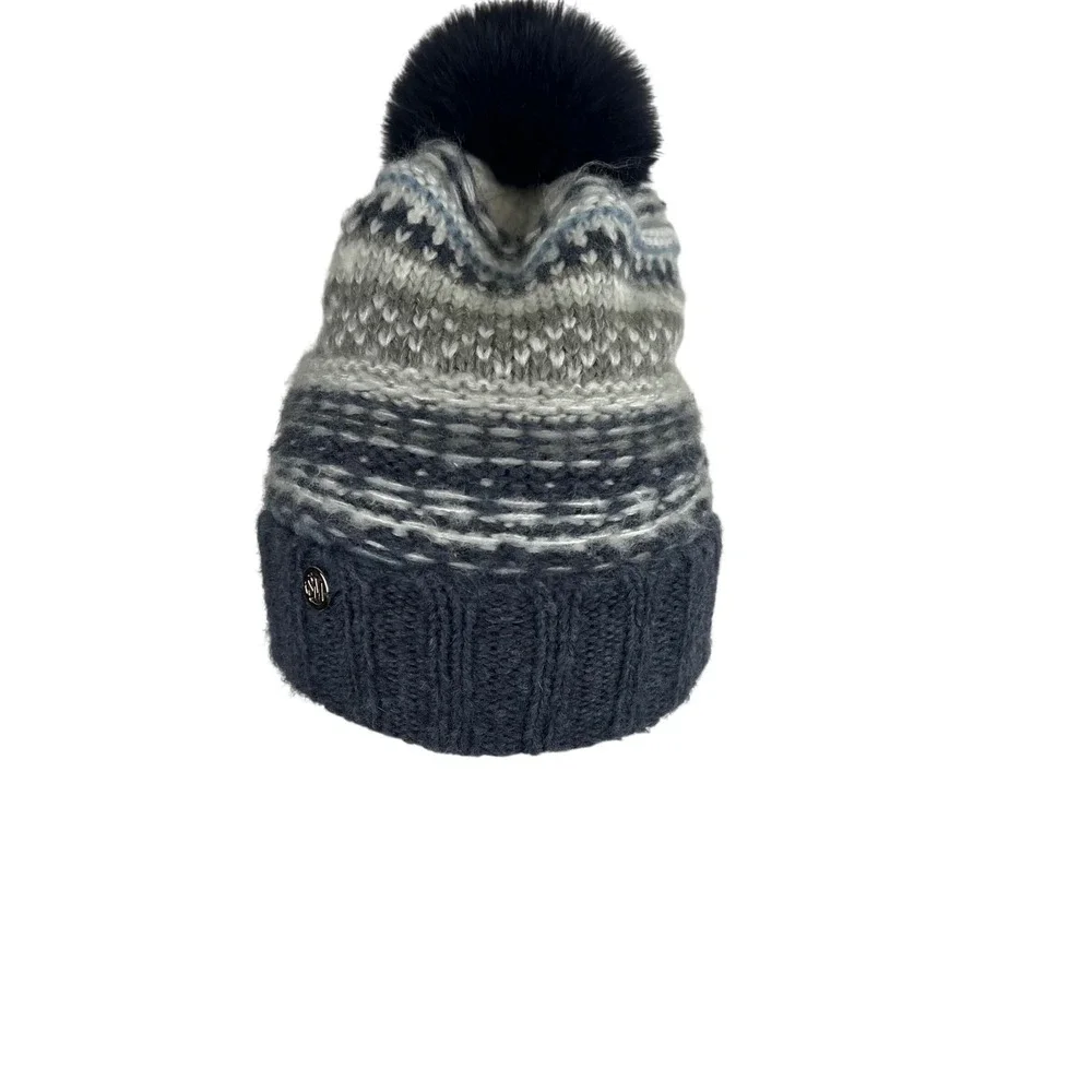 Steve Madden Womens‎ Fair Isle Knit Beanie Navy Grey Faux Fur Pom Pom One Size